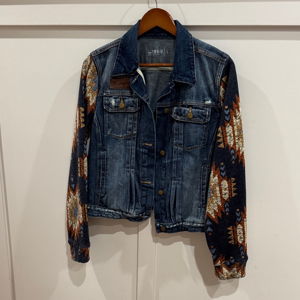 Wrangler rework Denim Jacket with Aztec Patterned cozy Sleeves